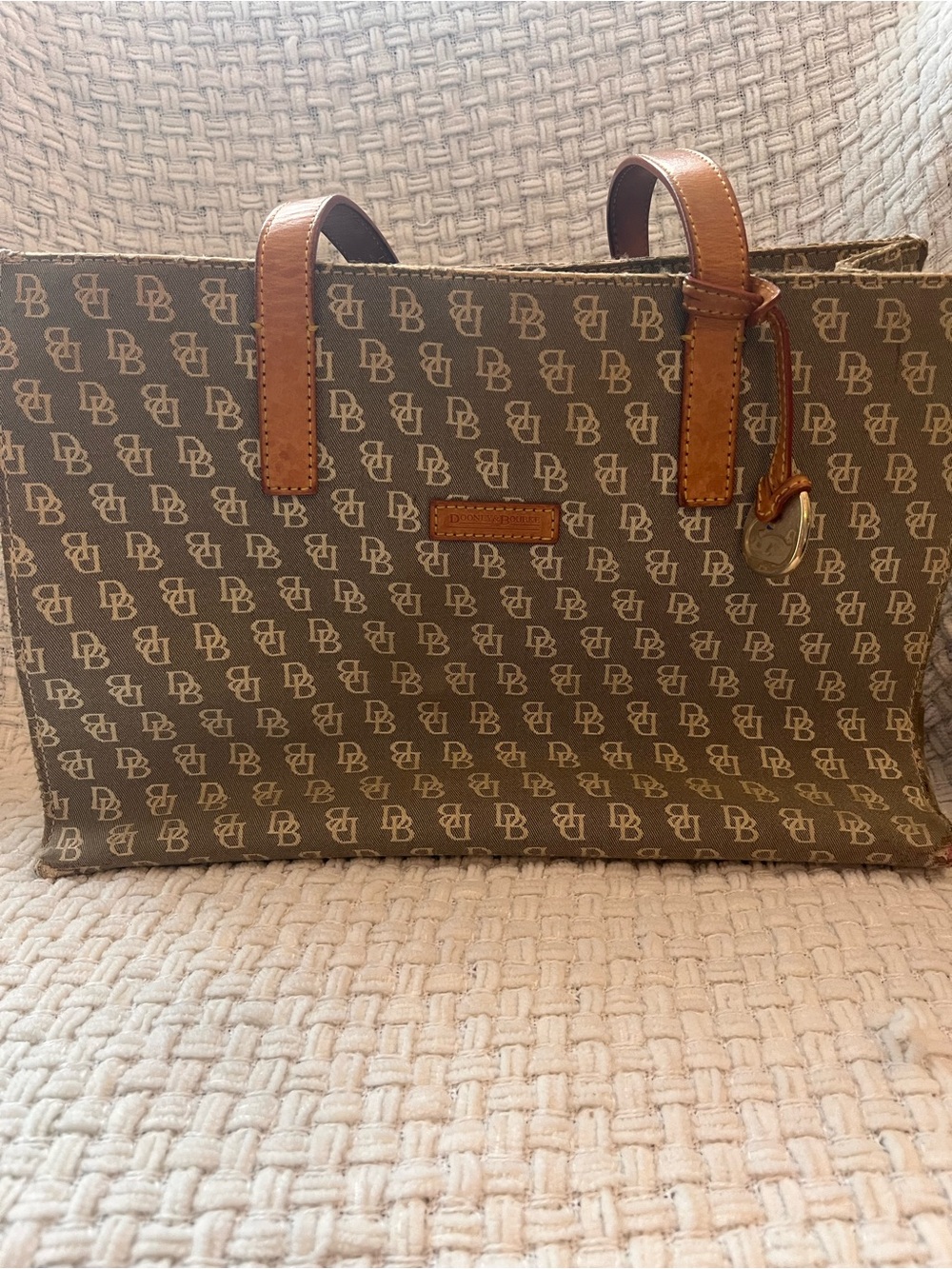 Dooney & Bourke Brown Monogram Tote with Tan Leather Trim